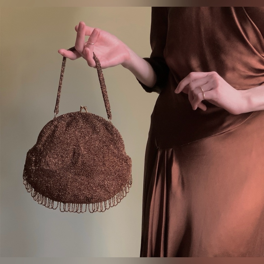 Vintage Beaded Evening Bag, Chocolate Brown, Formal Retro Antique Style Purse